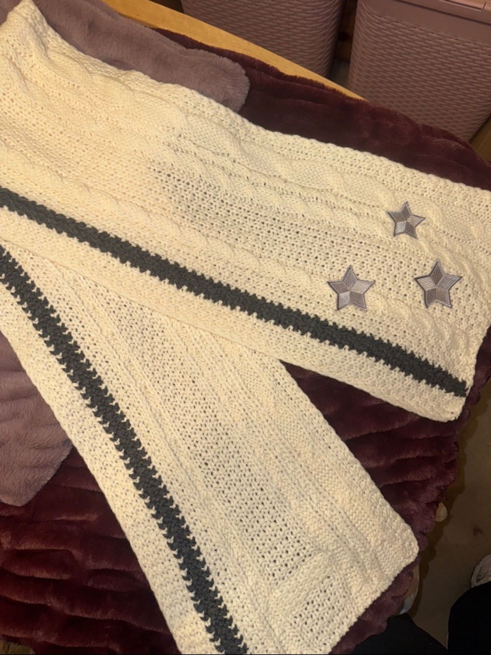 Taylor Swift Cardigan Cream Cable Knit Scarf with Gray Stripe and Star Patches